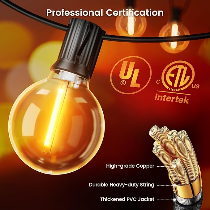 OHLUX Outdoor String Lights, 30FT G40 Globe LED Patio Lights with 17 Dimmable Plastic Bulbs(2 Spare), 2200K | Lumora