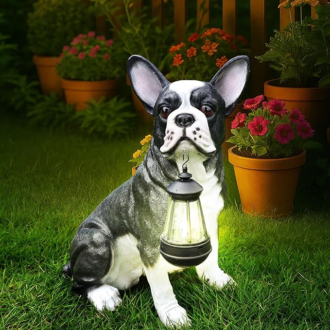 Outdoor Boston Terrier Dog Statue with Interchangeable Welcome Sign and Detachable Solar Lantern –LED Light Garden Dog Sculpture Décor, Cute Puppy Design for Yard, Porch, Gift