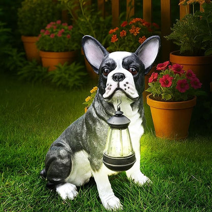 Outdoor Boston Terrier Dog Statue with Interchangeable Welcome Sign and Detachable Solar Lantern –LED Light Garden Dog Sculpture Décor, Cute Puppy Design for Yard, Porch, Gift