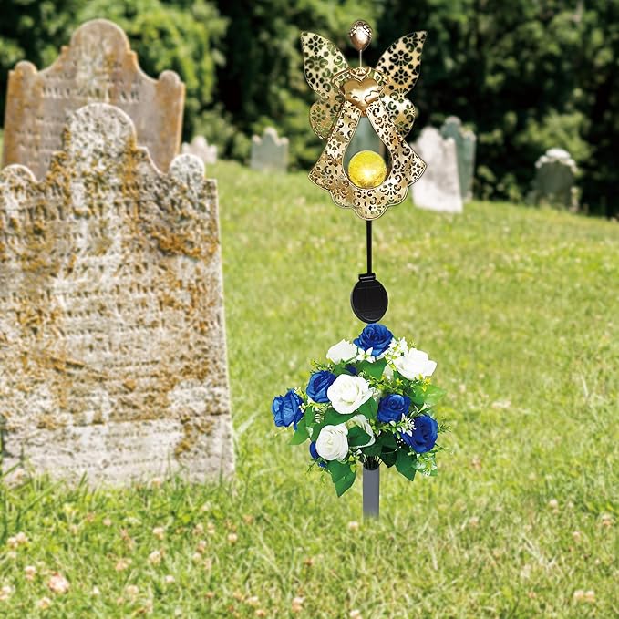 Memorial Solar Lights for Grave with Flowers Decorations Eternal Lighted Angels for Outdoor Cemetery Angel Garden Stake Memorial Gifts for Gravesite
