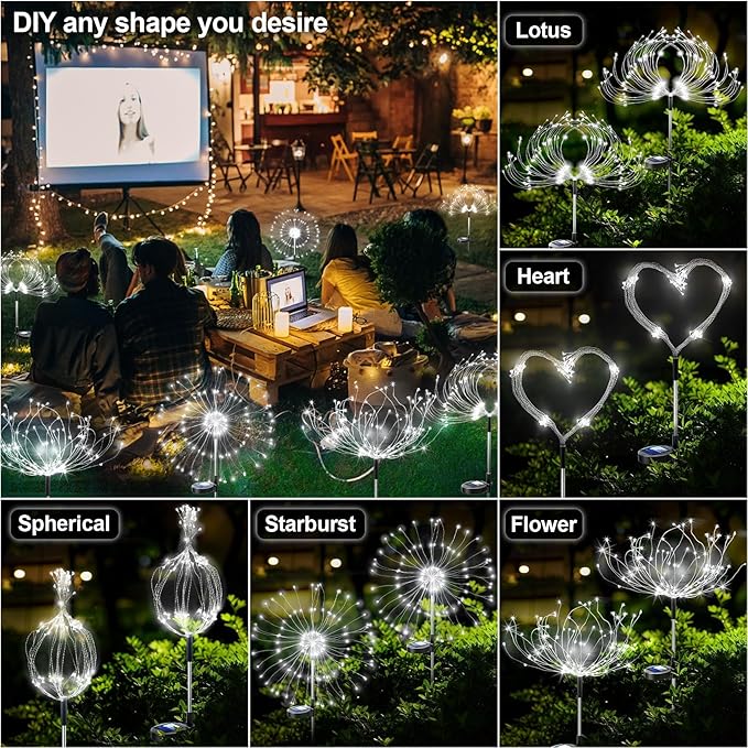 Anordsem Solar Garden Lights Outdoor: Flexible Copper Wire 120 LED Firework White 2 Pack - Waterproof DIY Decorations for Yard Pathway Patio - Gardening Gifts for Women Gardeners Homeowners