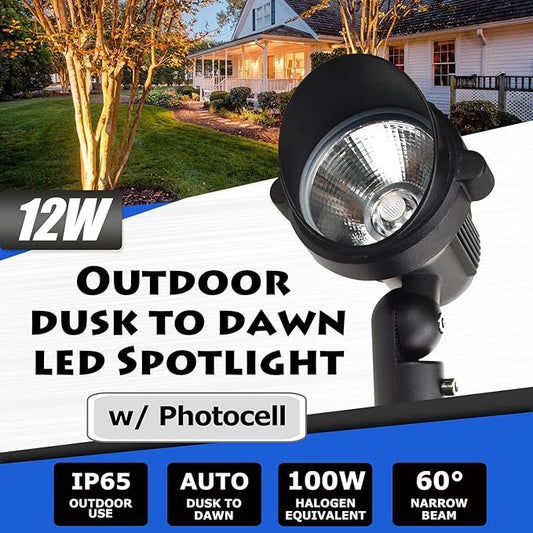 GBS9912 Outdoor LED Spotlight with Photocell Sensor, 120V 12W 5000K Daylight White, Photocell Enabled, 3 FT Cord with Plug in Outdoor Lighting, Black