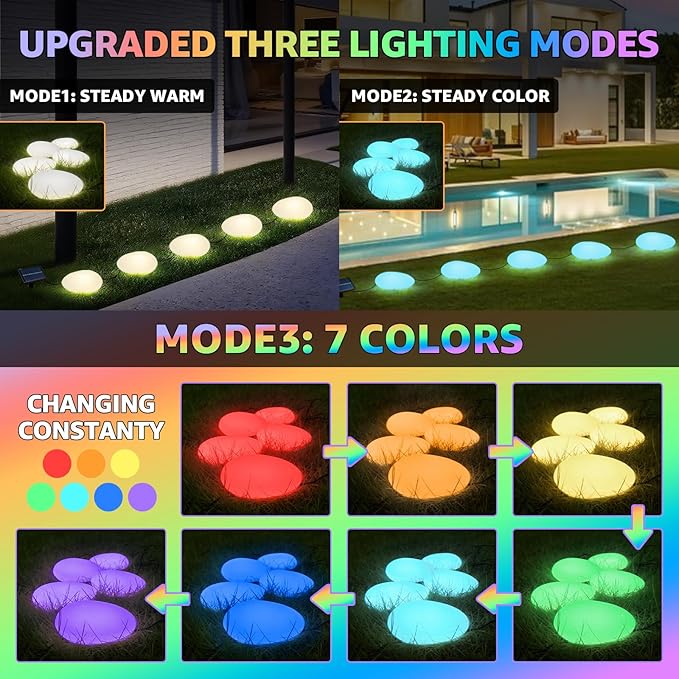 Color Changing Solar Lights Outdoor Waterproof - 5Pcs Plastic Pebbles Multi Color/RGB CobbleStones Lights for Decoration Landscape Garden Pathway Patio Lawn Yard Walkway.