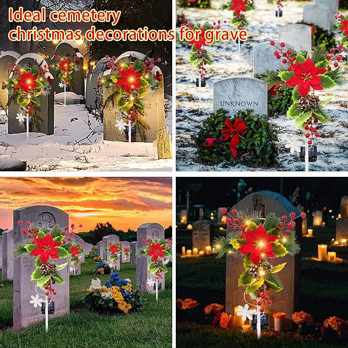 Solar Christmas Decorations Outdoor, 4 Pack 32 Inch Solar Christmas Cross Stake Lights, Waterproof Grave Decorations with Poinsettia Flower Pinecones Red Berries for Garden Yard Patio Lawn Cemetery