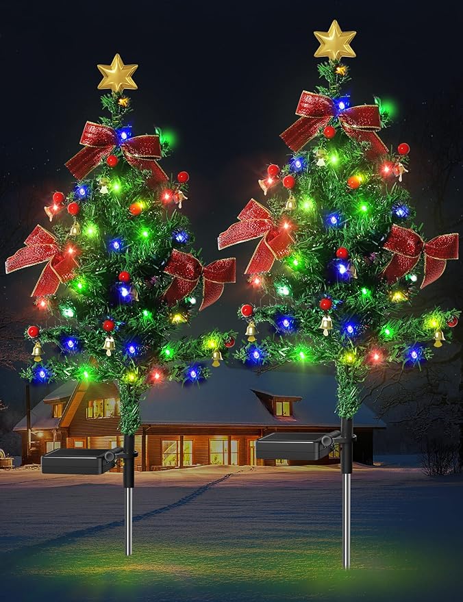 Solar Christmas Decorations Trees Lights Outdoor Waterproof, 40LED-Lights Solar Yard Decorative, Solar Stake Lights Xmas Tree Garden Decor with Constant & Flashing Modes for Pathway Lawn Patio, 2PCS