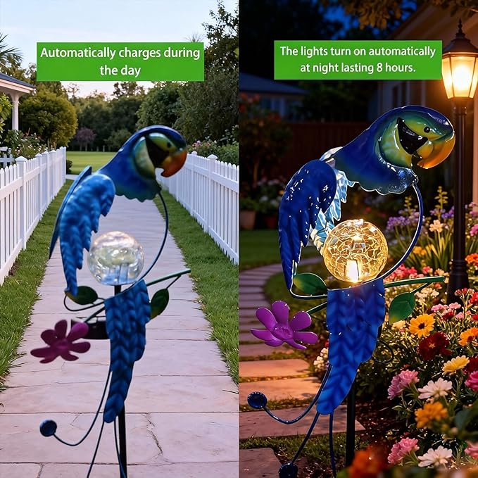 Solar Powered Parrot Garden Stake Light, Warm White LED Crackle Globe Light, Waterproof Metal & Glass Outdoor Decor for Yard, Pathway, Lawn, Patio, and Bird Lover Gift