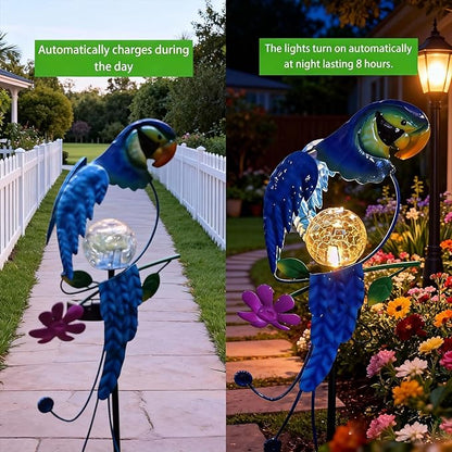 Solar Powered Parrot Garden Stake Light, Warm White LED Crackle Globe Light, Waterproof Metal & Glass Outdoor Decor for Yard, Pathway, Lawn, Patio, and Bird Lover Gift