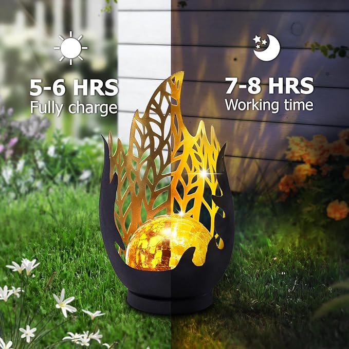 Huaxu Solar Lights Outdoor Decor Waterproof Metal Cracked Glass Globe with Gray Flame Effect, Table Decorations LED Lamp Gift for Garden Lovers Mom Women Patio Lawn Yard Pathway Outside