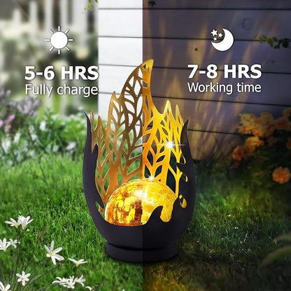 Huaxu Solar Lights Outdoor Decor Waterproof Metal Cracked Glass Globe with Gray Flame Effect, Table Decorations LED Lamp Gift for Garden Lovers Mom Women Patio Lawn Yard Pathway Outside