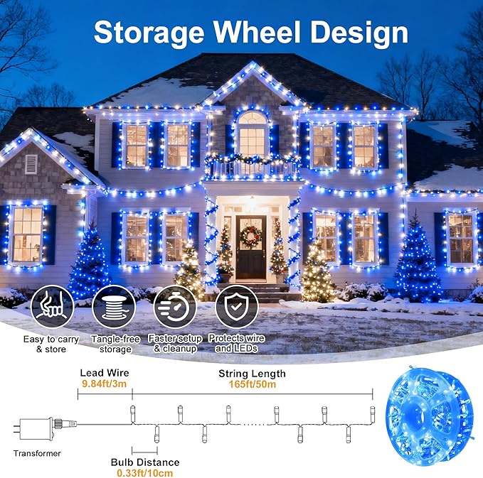 Led String Lights 500LED 165 ft Indoor/Outdoor Fairy String Lights 30V 8 Modes Christmas Lights for Home, Christmas Tree, Wedding Party, Room,Wall Decoration, Indoor&Outdoor(Blue+White)