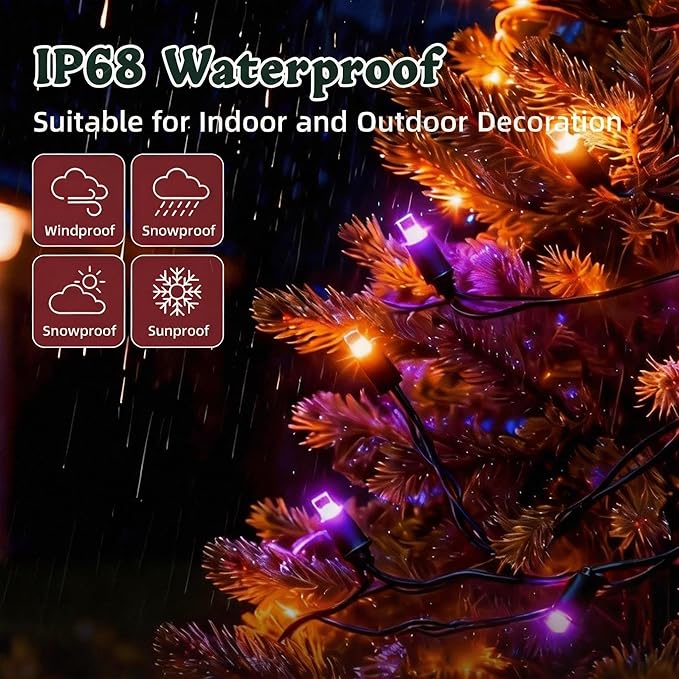 LED Christmas Lights, 100 LED Icicle Lights on 7FT with 4 Inch Spacing - 5MM Wide Angle Violet & Orange Bulbs, IP68 Waterproof & ETL Certified for Outdoor/Indoor