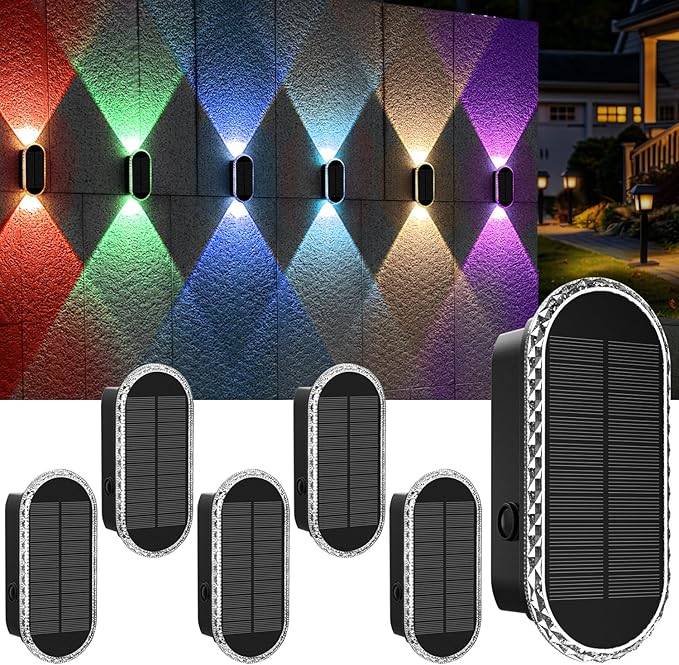 Solar Fence Lights Outdoor, Warm White & RGB 8 Modes Solar Wall Lights Outdoor Waterproof, Up&Down Dual-Head Outdoor Solar Lights for Yard House Fence Backyard Deck Garden Patio Porch, 6 PK