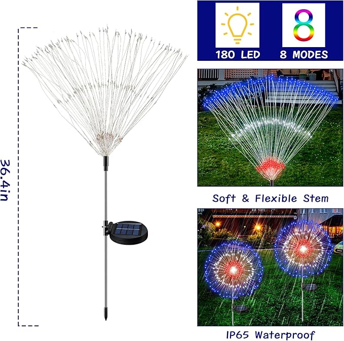 [Upgrade] 4th of July Decorations Outdoor Solar Lights, 2 Pack Solar Powered Firework Lights with 8 Modes Red White Blue LED Lights Patriotic Decorations for Memorial Day Presidents Day Veterans Day