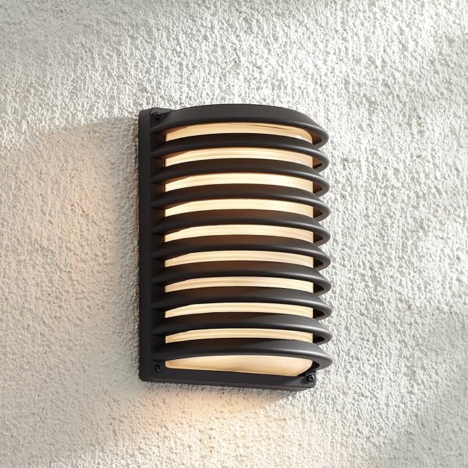John Timberland Black Grid Modern Industrial Outdoor Wall Light Fixture 10" Frosted Glass Shade for Exterior Barn | Lumora