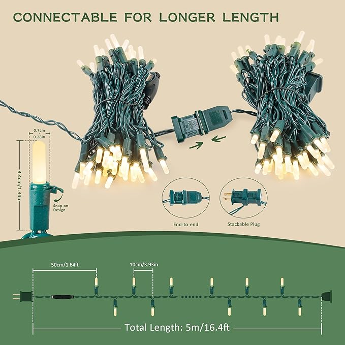 YOUNGAR 50 LED Christmas Lights,18ft Green Wire String Lights Outdoor,Warm White with Waterproof Connectable Light Mini Light Plug in for Indoor Outdoor Tree Patio Garden Xmas Decor