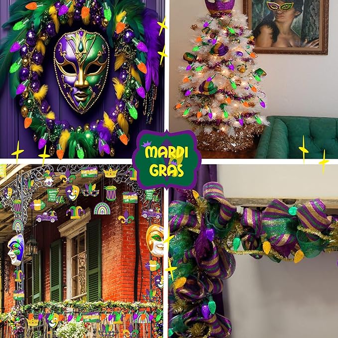 Mardi Gras String Lights C7 50L Halloween Solar Lights Outdoor Yellow Green Purple Light Outdoor Lighting with 8 Modes for Mardi Gras Party Patio Garden Tree Yard