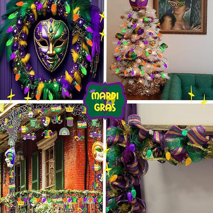 Mardi Gras String Lights C7 50L Halloween Solar Lights Outdoor Yellow Green Purple Light Outdoor Lighting with 8 Modes for Mardi Gras Party Patio Garden Tree Yard