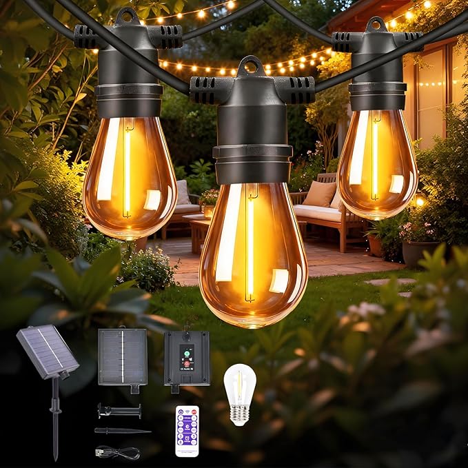 34ft S14 String Lights with 15 Golden Yellow Light Guide Column LED Bulbs – Shatterproof Waterproof E26 for Outdoor | Lumora