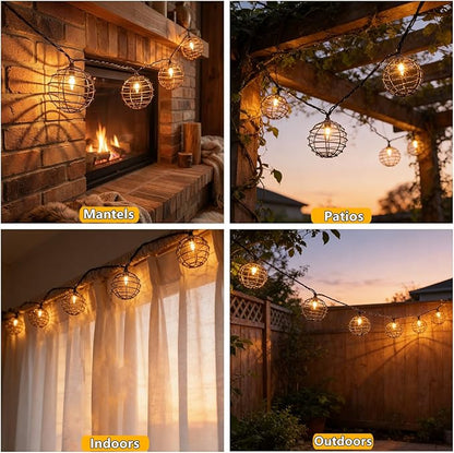 Decorative Indoor Outdoor String Lights, 10 Bulbs Patio Globe Vintage Lantern String Light, Iron Wire Twist Ball Covers, UL Listed Plug In Connectable Lights for Bedroom Porch Backyard Mantel Decor