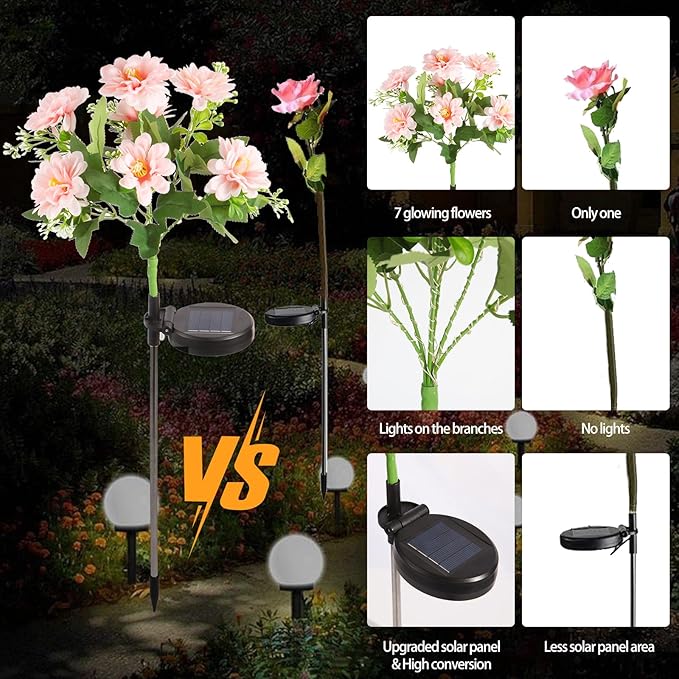 Solar Lights Outdoor Waterproof, 2 Pack Solar Garden Lights with 14 Realistic Dahlias/Zinnia, Garden Decor for Outside, Solar Powered Outdoor Lights for Yard, Garden Decorations, Patio Decor
