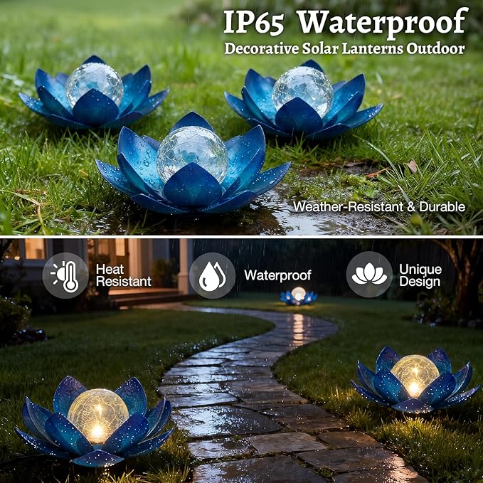 Huaxu Solar Lights Outdoor Garden Decoration Crackle Globe Glass Waterproof LED Metal Blue Lotus Flowers Gift for | Lumora