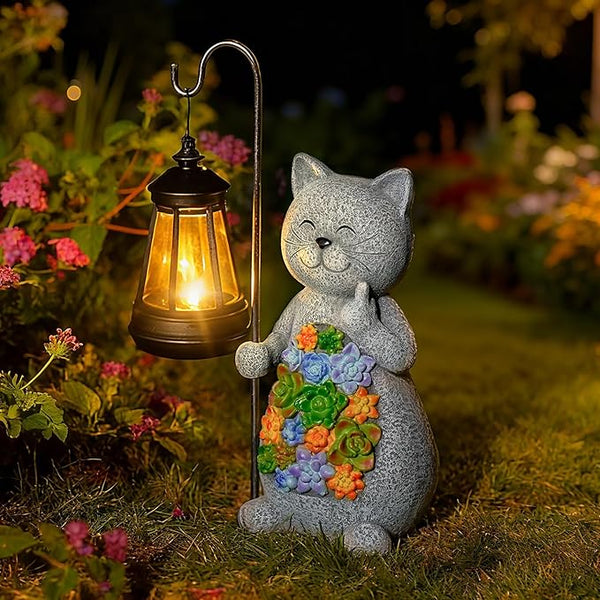 Solar Cat Garden Statue with Succulent Decor Hanging Lantern – Waterproof Resin Outdoor Figurine for Yard, Patio | Lumora