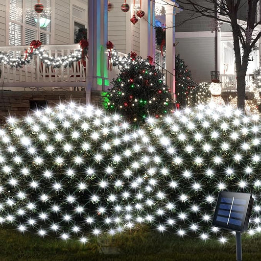 Solar Net Lights 200 LED Outdoor Mesh Light with 8 Modes Waterproof Net Bush Lights for Bushes Hedge Yard Garden Decor, 9.8 x 6.6Ft Dark Green Cable (Cool White)