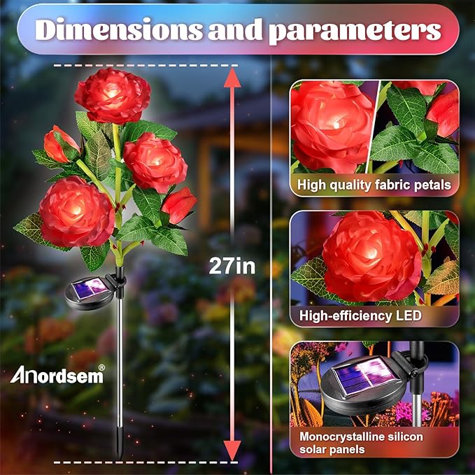 Anordsem Solar Garden Lights Outdoor: 10 Artificial Fabric Red Roses Flowers 2 Pack- LED Flower Decorations for Cemetery Grave Pathway Yard- Birthday Gifts for Women, Wife and Mother