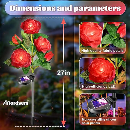 Anordsem Solar Garden Lights Outdoor: 10 Artificial Fabric Red Roses Flowers 2 Pack- LED Flower Decorations for Cemetery Grave Pathway Yard- Birthday Gifts for Women, Wife and Mother