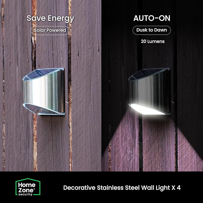 Home Zone Security Solar Wall Lights - Decorative Outdoor Solar Fence Post and Step Lights, Weatherproof with No Wiring Required, Stainless Steel (4-Pack) (ELJ9533V)