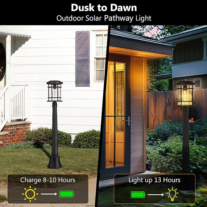 Emliviar Solar Pathway Lights Outdoor, Dusk to Dawn Walkway Light with Remote Control, Pole Light with Seeded Glass in Black Finish, LED Bulb Included, XE229PL-SL BK