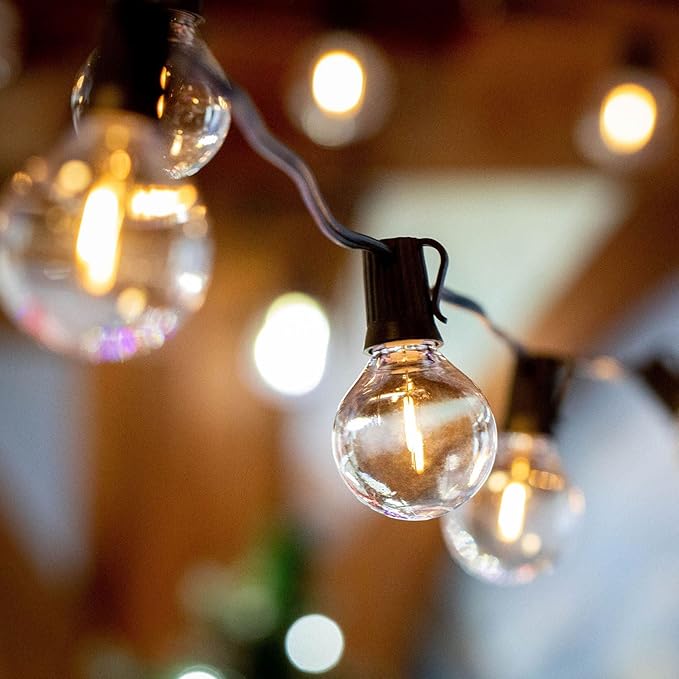 Novelty Lights 50 Feet G50 LED Patio String Light Set with 50 Bulbs, Warm White, Weather Resistant and Shatterproof Replaceable Plastic Globe Bulbs, Black Wire