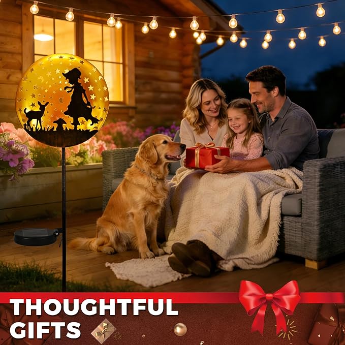 Garden Solar Lights Outdoor Shepherdess Silhouette Stakes, Waterproof Outdoor Metal Decor Gifts for Women Mom, Art Cut-Out Girl Lamb Sculpture for Yard, Patio, Garden, Porch, 1 Pack