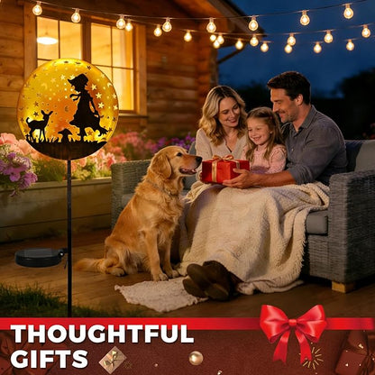 Garden Solar Lights Outdoor Shepherdess Silhouette Stakes, Waterproof Outdoor Metal Decor Gifts for Women Mom, Art Cut-Out Girl Lamb Sculpture for Yard, Patio, Garden, Porch, 1 Pack