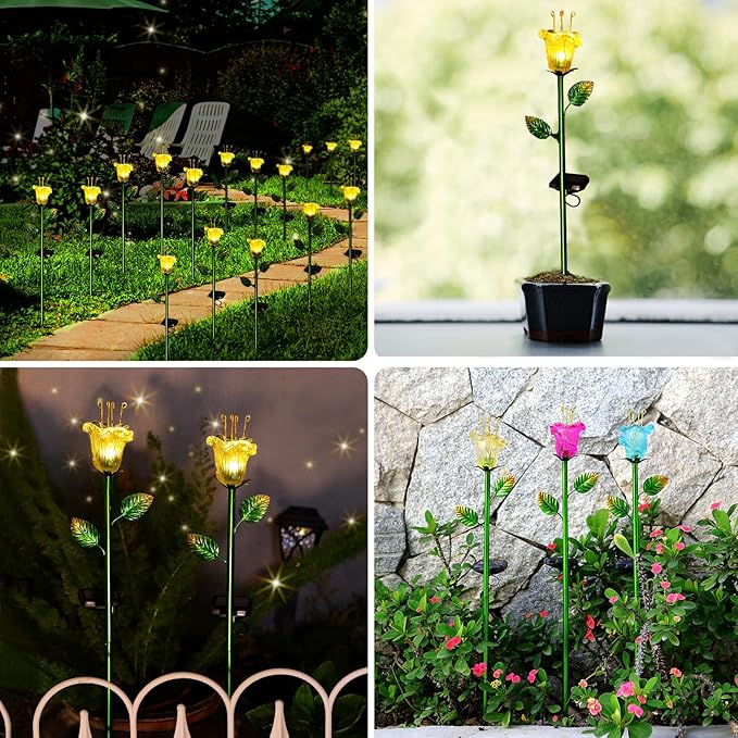 Solar Decorative Flowers 2 Pack - Waterproof Yellow Glass Lily Flower Lights, Auto ON/OFF for Garden, Patio, Backyard