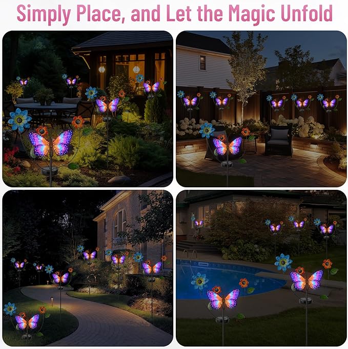 Solar Butterfly Garden Lights, 2 Lighting Modes, Colorful LED with Flower & Butterfly Decor, Waterproof Solar Stake Lights for Garden Yard Patio Lawn Pathway (Purple)