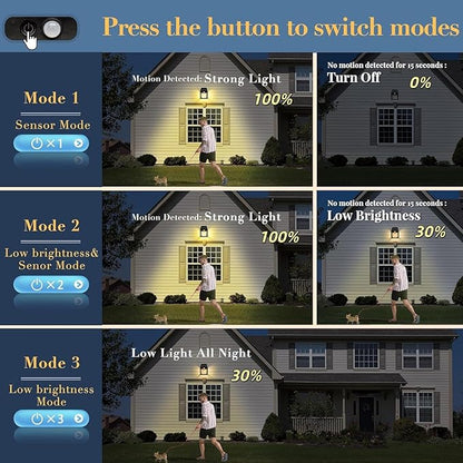 2-Pack 6.8" H Outdoor Solar Wall Light Motion Sensor Porch Flood Dawn Lighting 3 Lights Modes for Patio Garage Shed Barn Door Yard Outside Decorative Waterproot,- Black.