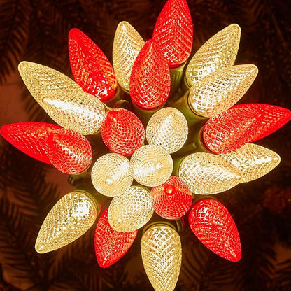 Outdoor Christmas Lights, 100 Ft C9 LED Commercial String Lights with Red and Warm White Strawberry C9 Bulbs, Waterproof Connectable UL Certified C9 Lights for Indoor Yard Xmas Tree House Decor