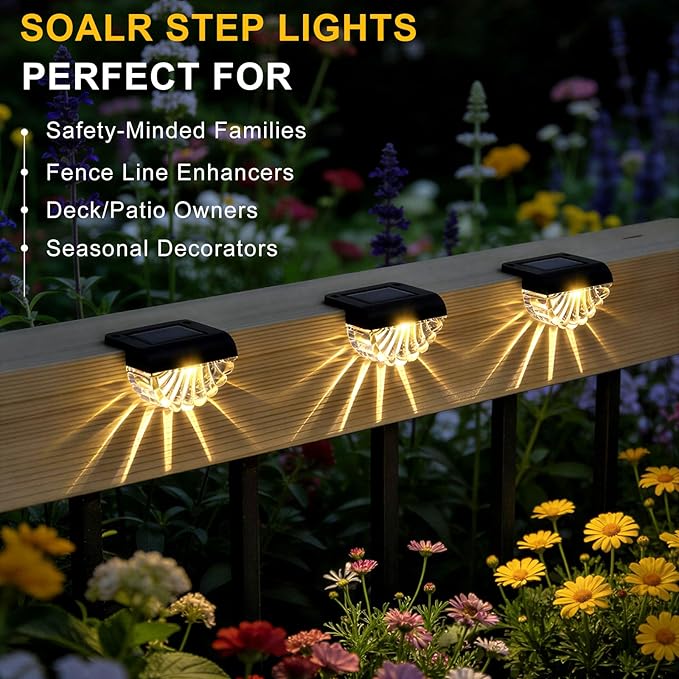 Greluna Solar Fence Lights Outdoor, 12 Pack Waterproof Deck Lights, Auto Dusk to Dawn Step Lights with Warm White | Lumora