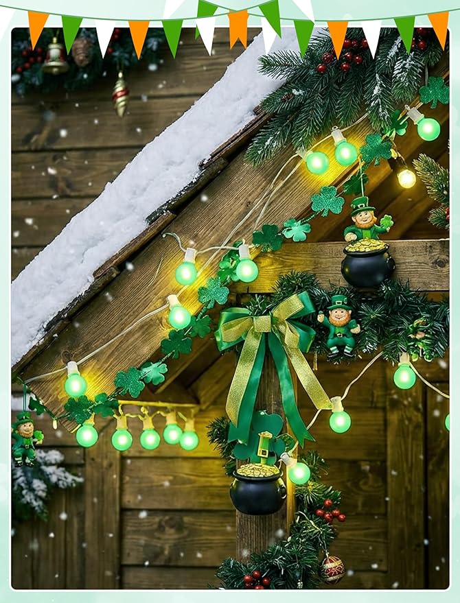 G40 LED St. Patrick's Day String Lights Outdoor, 25Ft St Patricks Decorations Lights Outdoor with Ceramic Green Round Bulbs, Hanging Patio Lights Shatterproof for Indoor Home Decor Party, White Wire