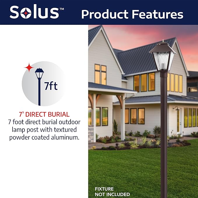 Solus 7-Foot Direct Burial Lamp Post – Outdoor Aluminum Light Pole – Fits Standard 3" Post Top Fixtures – Black | Lumora