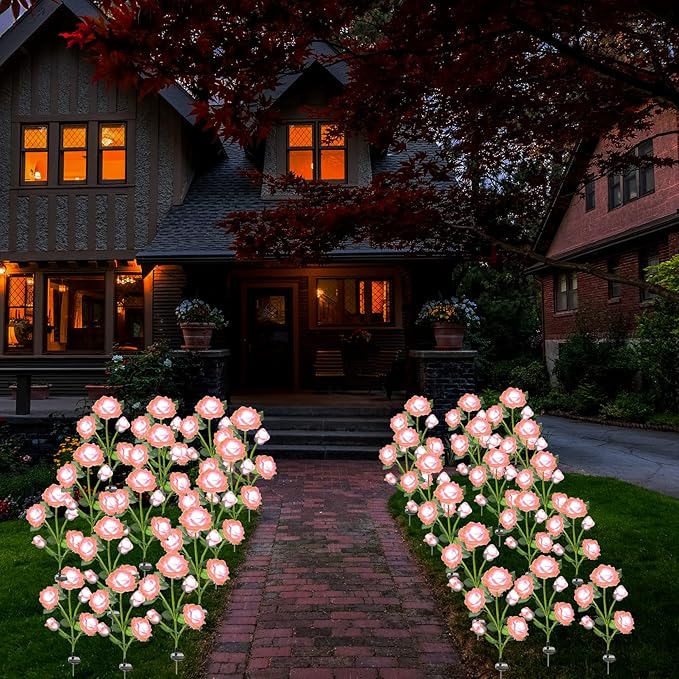 SmilingTown Solar Garden Stake Lights 2 Pack with 10 Rose Flowers Landscape Path Decorative Lights Waterproof for Outdoor Yard Grave Cemetery Pathway Courtyard Lawn (Pink)