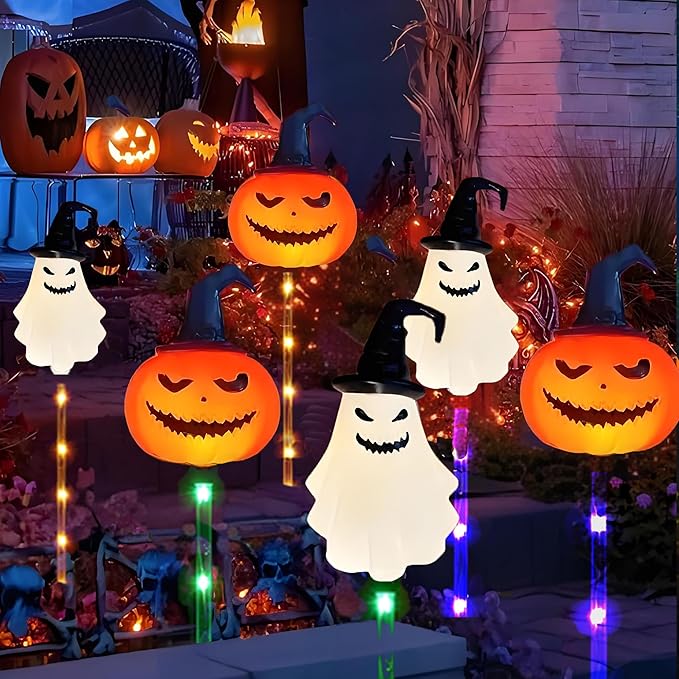 6Pack Halloween Solar Garden Pathway Lights Outdoor Landscaped LED Lighted Path Solar Powered Pumpkin Ghosts with | Lumora