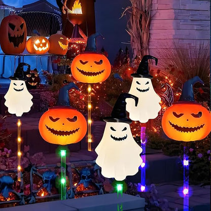 6Pack Halloween Solar Garden Pathway Lights Outdoor Landscaped LED Lighted Path Solar Powered Pumpkin Ghosts with Witches Hats Light Yard Porch Color Changing Lights for Outside Lawn Walkway