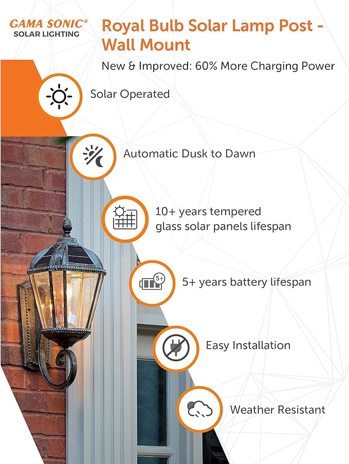 Gama Sonic Solar Outdoor Wall Light, Royal Bulb Exterior Sconce Lamp, Weathered Bronze Finish Aluminum, Rain Water | Lumora