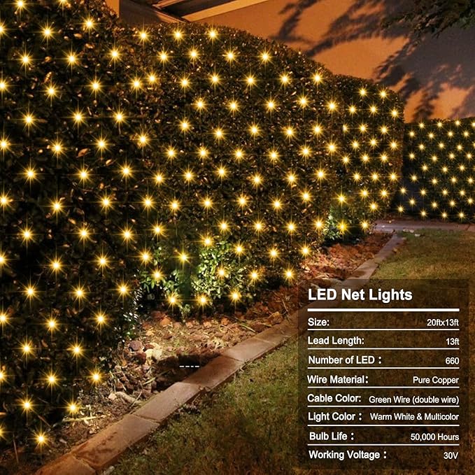 ZAIYW Dual Color Changing Net Lights 20Ft x13Ft 660 LED Christmas Net Light Outdoor Mesh Lights Green Wire Plug in with Timer Remote for Bushes Garden Wedding Xmas Decor (Warm White & Multicolor)
