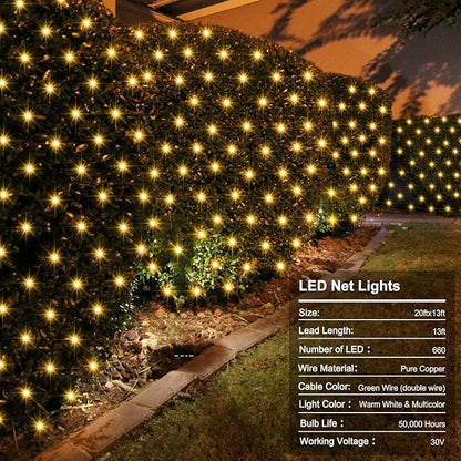 ZAIYW Dual Color Changing Net Lights 20Ft x13Ft 660 LED Christmas Net Light Outdoor Mesh Lights Green Wire Plug in with Timer Remote for Bushes Garden Wedding Xmas Decor (Warm White & Multicolor)