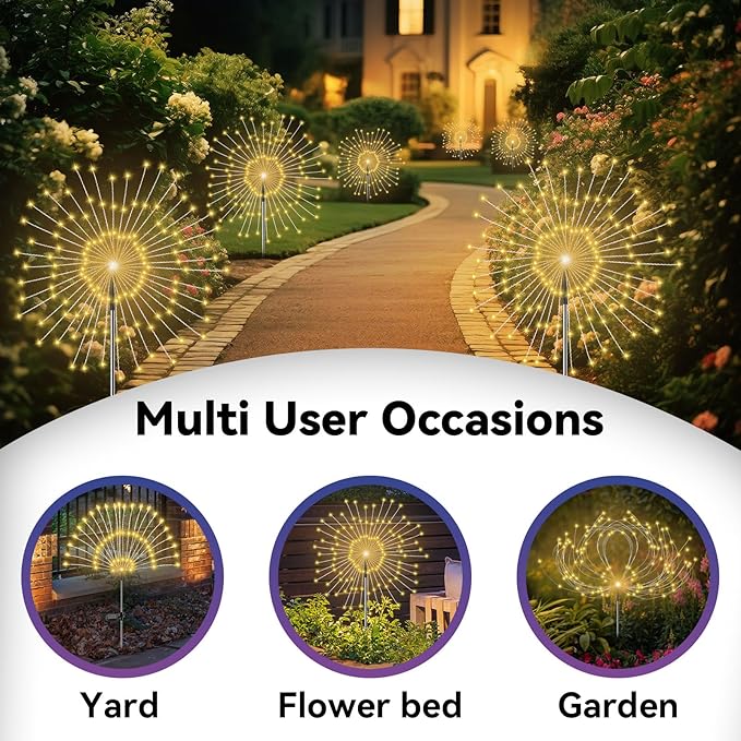 Garden Outdoor Lights, 4 Pack 120 LED Solar Garden Lights Fairy Lights Outdoor Waterproof Decorative Solar Firework | Lumora
