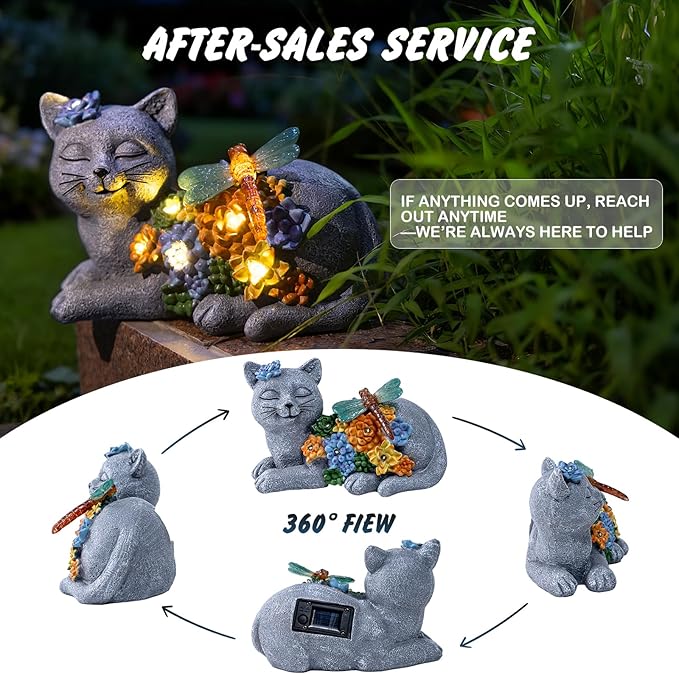 Solar Cat Garden Statue - Lying Outdoor Figurine with Dragonfly & Flower LEDs, Upgraded 2.0 Solar, Auto On/Off, IP65 Waterproof Hand-Painted Resin, Garden Decor, Gift for Cat Lovers, Mom, Grandma