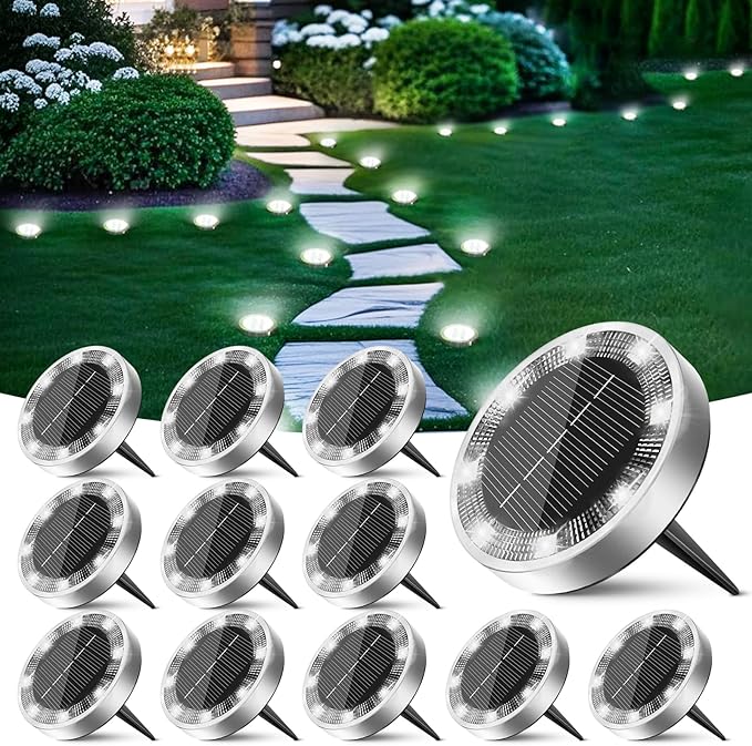 Peasur Mini Solar Ground Lights Outdoor, 12 Pack Flat Solar Powered Disc Lights, IP68 Waterproof, Anti-Rust | Lumora